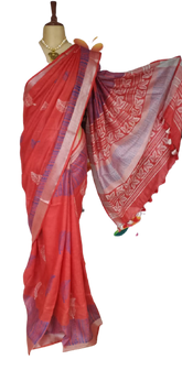 Linen Hand Block Printed Saree SILK ZONE